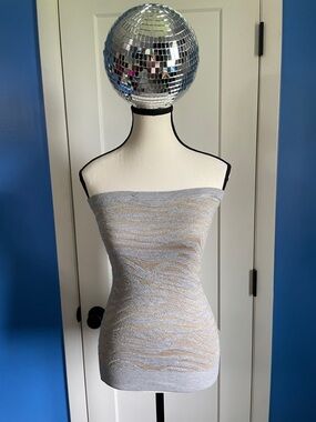 Express Strapless Knit Tube Top in Light Gray and Gold Metallic